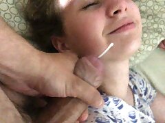 Step-sister fumbles stiffy thinking it is in a dream, Cum shot on face