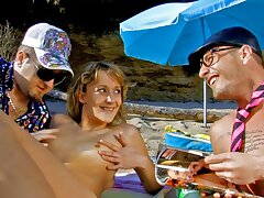 French teenie Evy Sky has a highly ultra-kinky buttfuck three-way on the beach