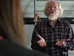 Grandpa screws a handsome y. cooch and gives her suck off creampie