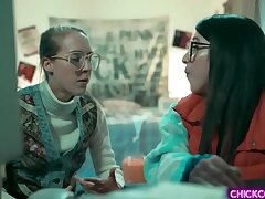 Nerdy lesbo teens Cadence Lux and Serena Blair experimented a virtual 3D creation that came to life and started a hot lesbo threesome with her.