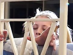 Naughty ash-blonde teenager slides huge fake penis up her cock-squeezing pussy