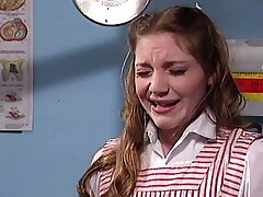 Youthful rosy candystriper stunner sucks dude's XL cock