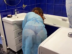 step Mom was washing the tub and unexpectedly got a cock in the ass from her stepson