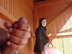 young boy shocks this muslim damsel who was waiting for her bus with his gigantic cock, OMG !!! someone astonished them; he might have problems and escape ...