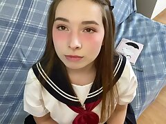 Cutie in Japanese school uniform touches your cock and gets embarrassed