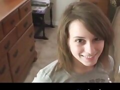 Cute dark light-haired chick bj's dick and gags on elderly folks cum