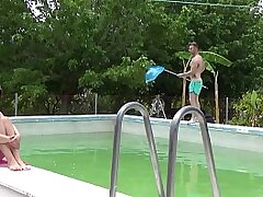 My boyfriend observes me sunbathe while the maintenance fellow cleans our pool. My boyfriend pays him a fortune so in addition to cleaning the pool he shows me his ass