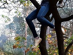 Nymph climbed a tree to fumble her cooch on it - Lesbian-illusion