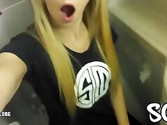 Light-haired Public Jacking Airplane Shower Real Amateur