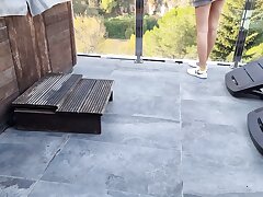 Spraying pile On a patio in the mountains – Ejaculation