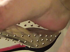 Mature soles tired and sweaty in translucent boots