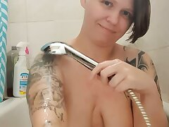 Morning shower display Soapy humungous natural tits Titty rubdown in bath