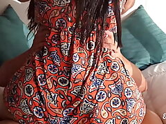 My big-assed pal visits me in a brief sundress and we fuck hard without a condom!! I finish it inside