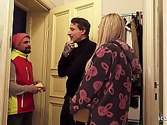 German Nubile Duo converse postman to Pulverize his Girlfriend while he observe