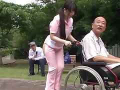 Subtitled bizarre Japanese half naked caregiver outdoors