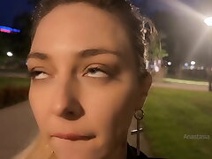 Street pick up of shameless slut. Stranger rub her boobs right in public park.