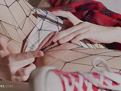 Supah warm redhead girl Sherice masturbating on her couch dressed in fishnets