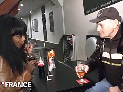 Meaty ebony cockslut fellates old milky cock